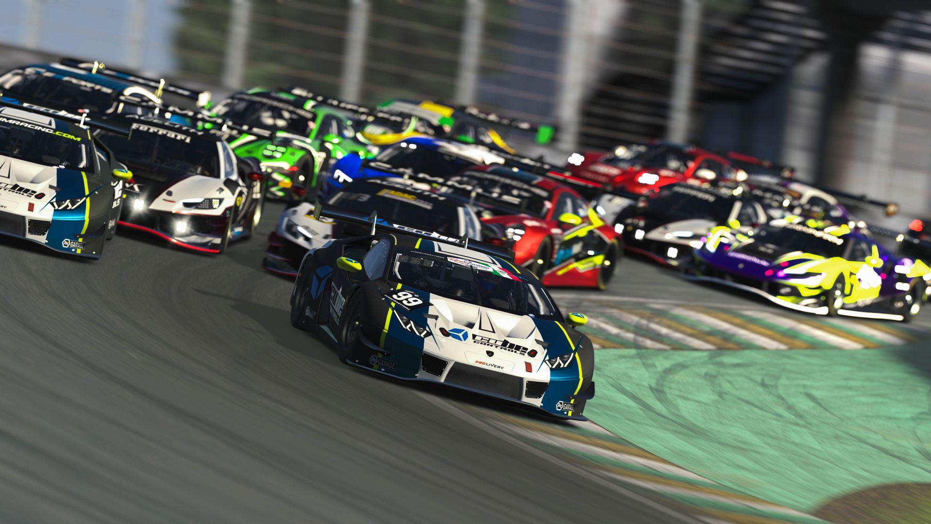 Group of colorful race cars speeding around a curve on a racetrack during a competition.